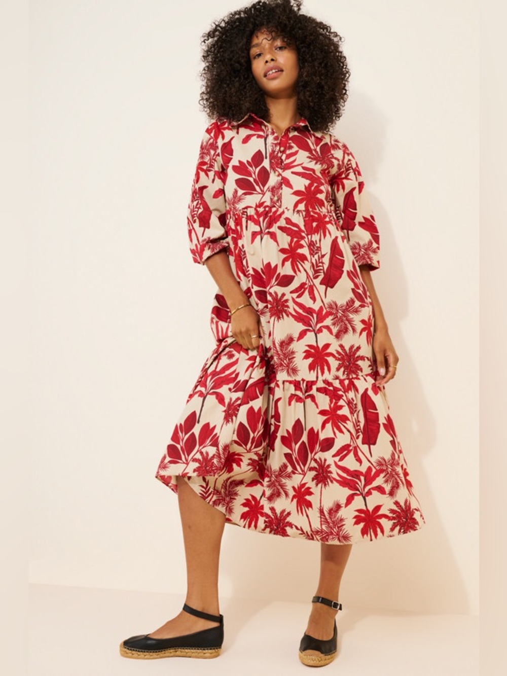 Maeve Red Floral Tiered Midi Dress NWOT